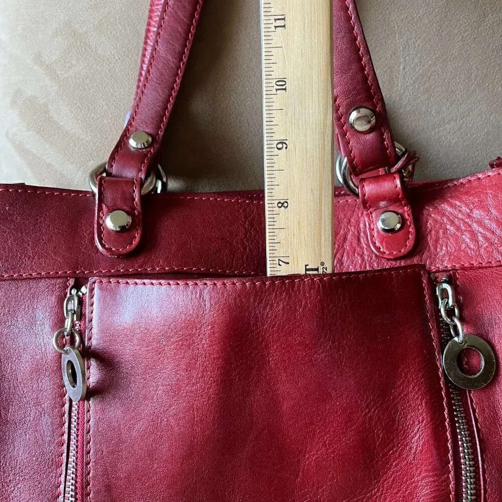 Hidesign East West Shoulder Bag Leather 3 Zip-Top Gusseted Pockets Marsala
